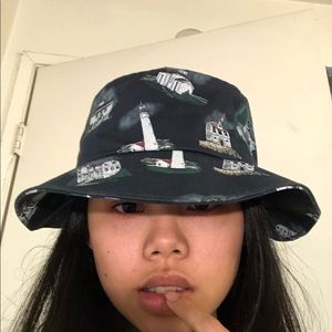 (Sold‼️)navy blue bucket hat with lighthouses